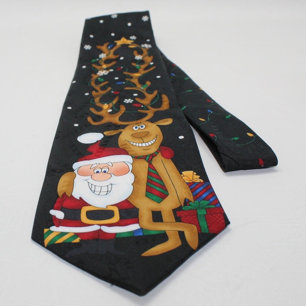 Hallmark Yule Tie Greetings Mens Christmas Tie Santa‎ Reindeer Black Novelty